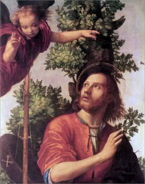 SAINT ROCH (c1350-c1379). French healer; patron saint of plague victims. Oil on canvas, 1518, by Paolo Morando
