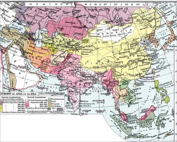 MAP: EUROPE IN ASIA. Map of Asia, English, c1935, emphasizing the territorial acquistitions of the Russian and British Empires up