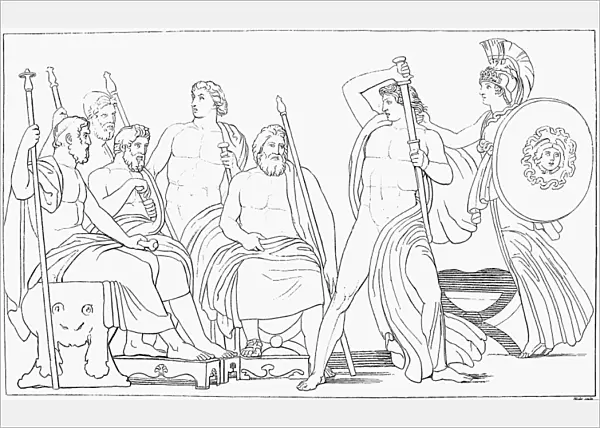 HOMER: THE ILIAD. Minerva repressing the fury of Achilles. Line engraving, 1805, by William Blake after the drawing by John Flaxman