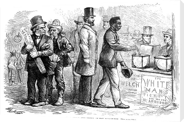 CARTOON: RECONSTRUCTION. The municipal election held at Georgetown, District of Columbia. Wood engraving, 1867, after a drawing by Thomas Nast