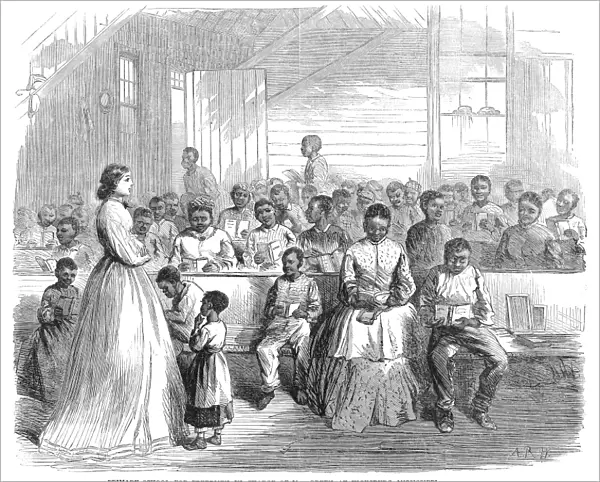 FREEDMANs SCHOOL, 1866. Primary school for freedmen, in charge of Mrs. Green, at Vicksburg, Mississippi. Wood engraving from an American newspaper of 1886