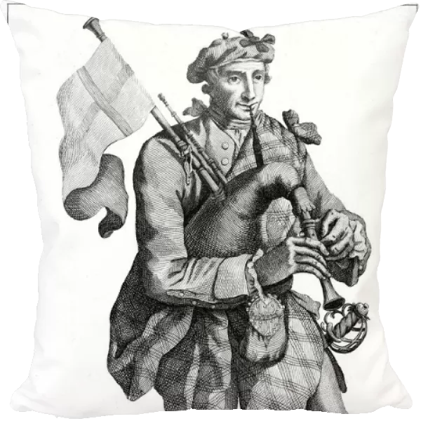 SCOTTISH SOLDIER, 1786. A piper of a Highland Regiment. Etching and engraving, English, 1786