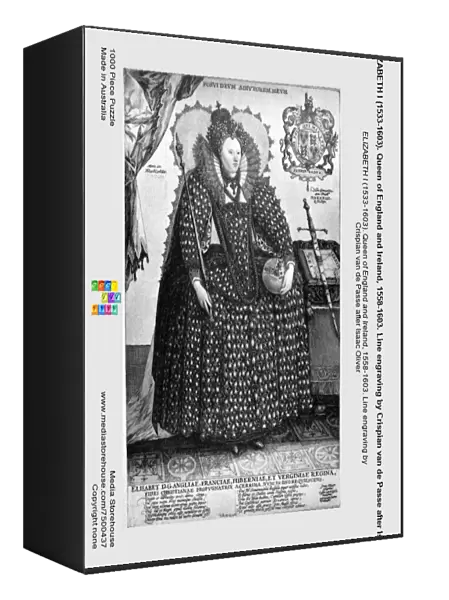 ELIZABETH I (1533-1603). Queen of England and Ireland, 1558-1603. Line engraving by Crispian van de Passe after Isaac Oliver