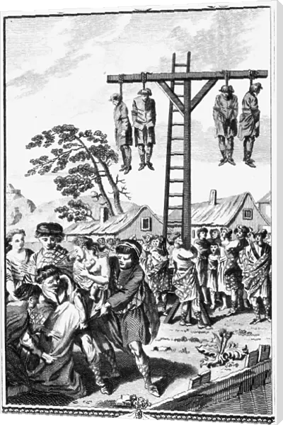 FOXE: BOOK OF MARTYRS. A woman and her sucking infant tied together in a bag and thrown into a river and four men hanged for eating a goose on a fast day. Line engraving, from a late 18th century English edition of John Foxes The Book of Martyrs, first published in 1563
