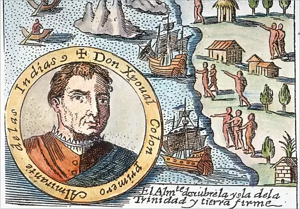 COLUMBUS: TRINIDAD, 1498. Christopher Columbus and his men discovering the three-peaked island of Trinidad (top left) in 1498: Spanish engraving, 1730