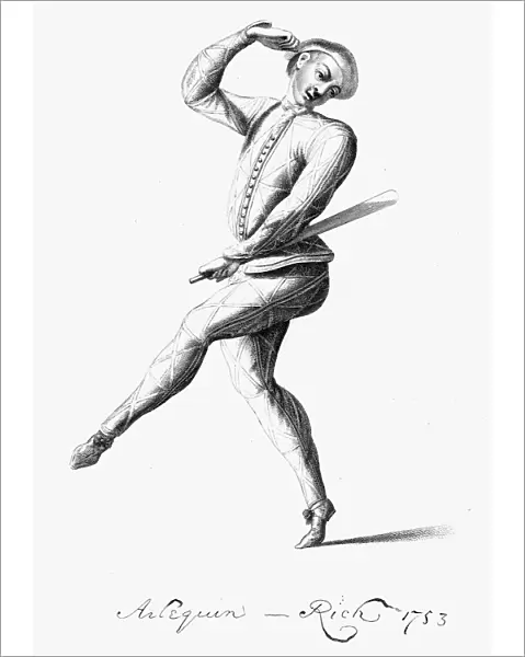 JOHN RICH (1682-1761). English actor, father of English pantomine. Dancing the role of Harlequin under the stage name of Lun. Engraving, English, 1818