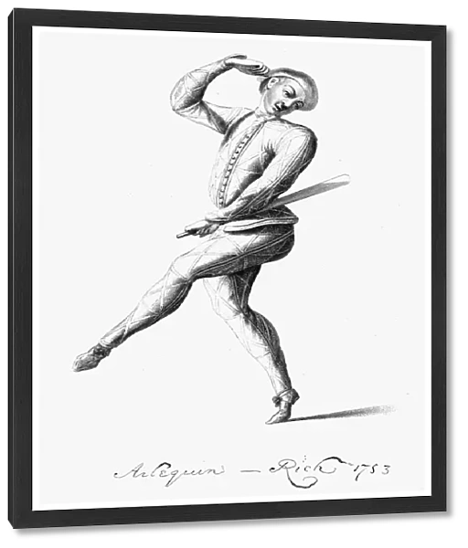 JOHN RICH (1682-1761). English actor, father of English pantomine. Dancing the role of Harlequin under the stage name of Lun. Engraving, English, 1818