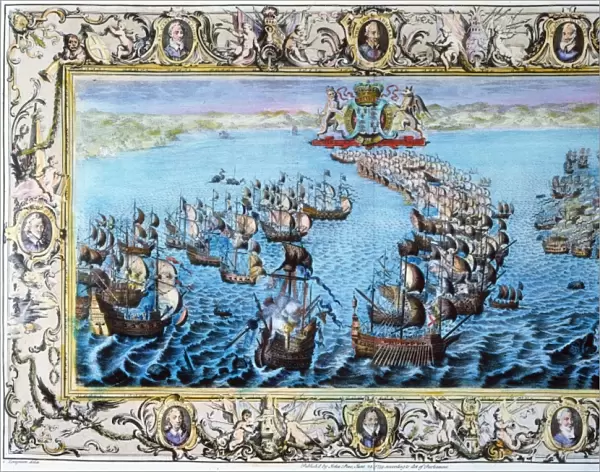 SPANISH ARMADA, 1588. Two battles between the English Royal Navy and the Spanish Armada. Left: The Spanish galleon San Salvador is set on fire and captured by the English. Right: battle off the Isle of Portsmouth. Line engraving with portraits of English commanders along the border, 1739