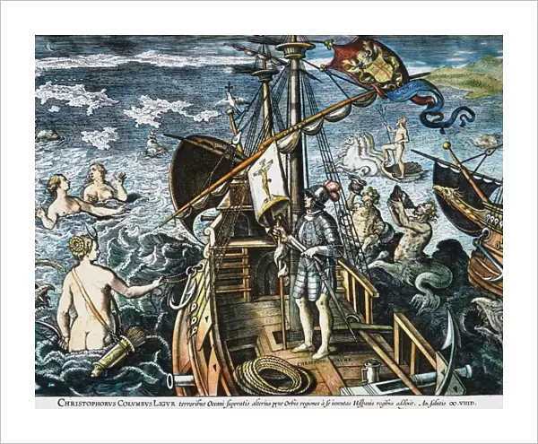 CHRISTOPHER COLUMBUS sailing through uncharted seas: colored engraving, c. 1585, by Adrianus Collaert after Joannes Stradanus