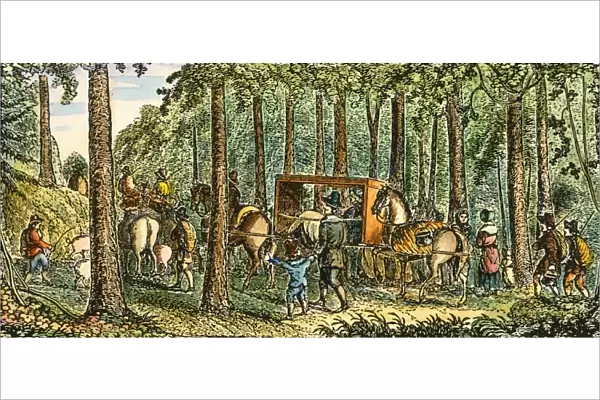 COLONIAL TRANSPORTATION. Travelling through the wilderness of 17th century America on foot, on horseback, and by sedan chair: colored engraving, early 19th century