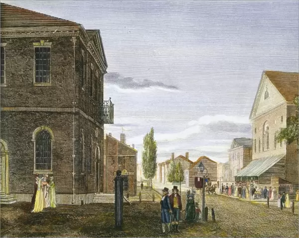 CHESTNUT ST. PHILADELPHIA. Congress Hall and New Theatre in Chestnut Street, Philadelphia: colored line engraving, 1800, by William Birch & Son