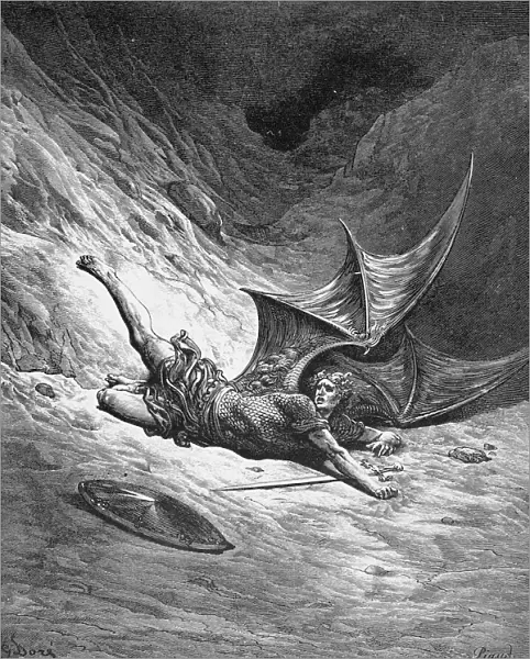 MILTON: PARADISE LOST. Satan, wounded in a bitter single combat with the Archangel Michael, falls to the ground (Book 6, lines 327-8). Wood engraving after Gustave Dor