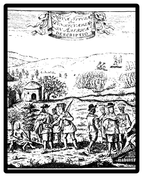 SWEDISH COLONISTS & NATIVE AMERICANS. Swedish colonists trading with Delaware Native Americans at New Sweden, Delaware. Line engraving, Swedish, 1702