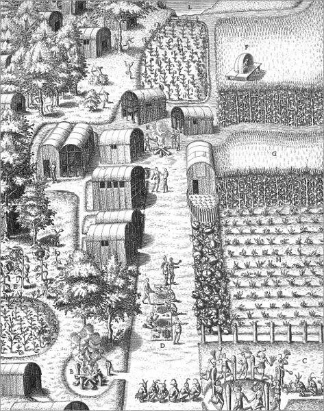 DE BRY: SECOTON VILLAGE. The Native American village of Secoton (North Carolina). Line engraving by Theodor de Bry after John White, 1590, from Thomas Harriots New Found Land of Virginia
