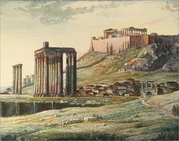 VIEW OF ATHENS, GREECE. Colored engraving, German, 1822