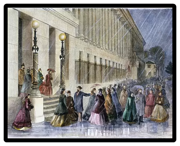WOMEN CLERKS IN D. C. 1865. Women clerks leaving the Treasury Department at Washington, D. C. Color engraving, 1865
