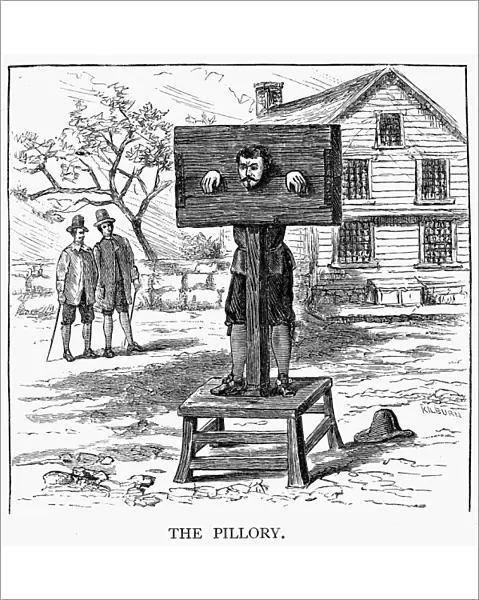 COLONIAL PILLORY. The Pillory as used for punishment in colonial America. Wood engraving, 19th century