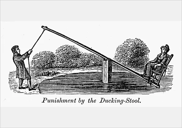 COLONIAL DUCKING STOOL. Punishment by the ducking stool in colonial America inflicted on a woman guilty of offence with the tongue. Engraving, 19th century