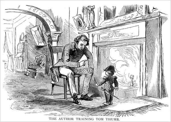 PHINEAS TAYLOR BARNUM (1810-1891). American showman. Barnum with General Tom Thumb. Wood engraving, 19th century