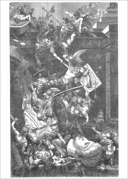 VANDALS SACK ROME, 455 A. D. The sack of Rome under Genseric, king of the Vandals, in 455 A. D. Wood engraving, American, 19th century