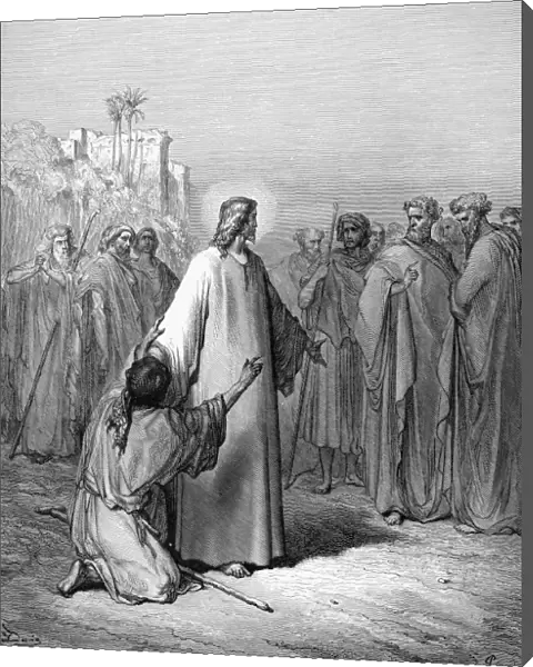 JESUS HEALING. Jesus healing a man possessed with a devil (Luke 4: 26). Wood engraving after Gustave Dor