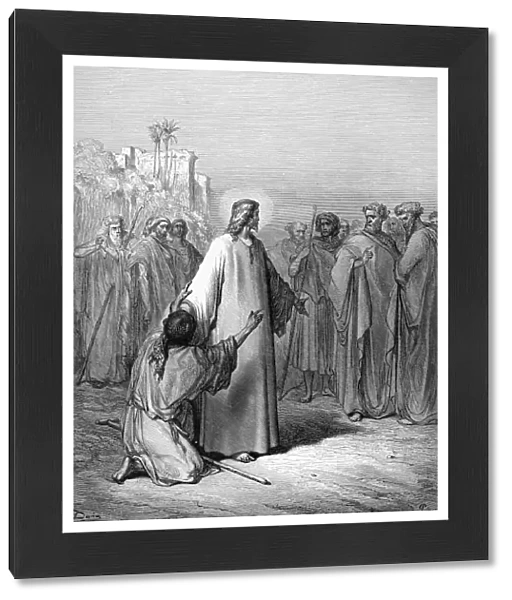 JESUS HEALING. Jesus healing a man possessed with a devil (Luke 4: 26). Wood engraving after Gustave Dor