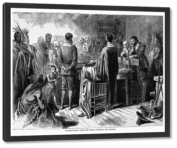 PILGRIMS: THANKSGIVING, 1621. Pilgrims and Native Americans sharing the harvest at the first Thanksgiving at Plymouth Colony in 1621. Wood engraving, American, 1870