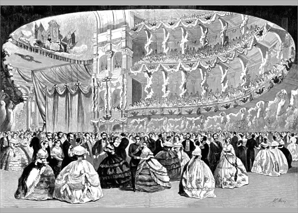 GRAND BALL, NEW YORK, 1860. Grand Ball in honor of the visit of the Prince of Wales held at the New York Academy of Music on 12 October 1860. Line engraving from a contemporary American newspaper