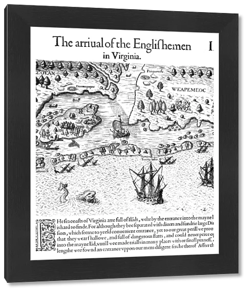 ROANOKE LANDING, 1585. The landing of the English at Roanoke Island in 1585. Contrary to the engraved legend, Sir Walter Raleigh, though the promoter of the expedition, remained home in England. Line engraving, 1590