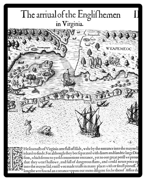 ROANOKE LANDING, 1585. The landing of the English at Roanoke Island in 1585. Contrary to the engraved legend, Sir Walter Raleigh, though the promoter of the expedition, remained home in England. Line engraving, 1590