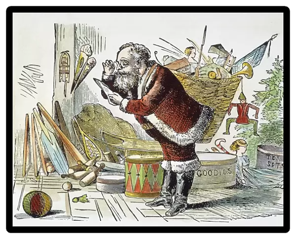 SANTA CLAUS. Santa Claus checking his list. Wood engraving