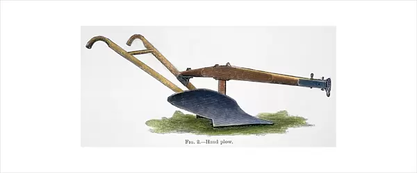 JOHN DEERE PLOW. A mid-19th century American hand steel plow, by John Deere: contemporary wood engraving