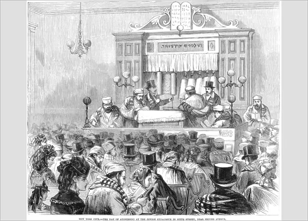 NEW YORK SYNAGOGUE, 1871. The Day of Atonement at the Jewish Synagogue in Sixth Street, Near Second Avenue. Wood engraving, American, 1871