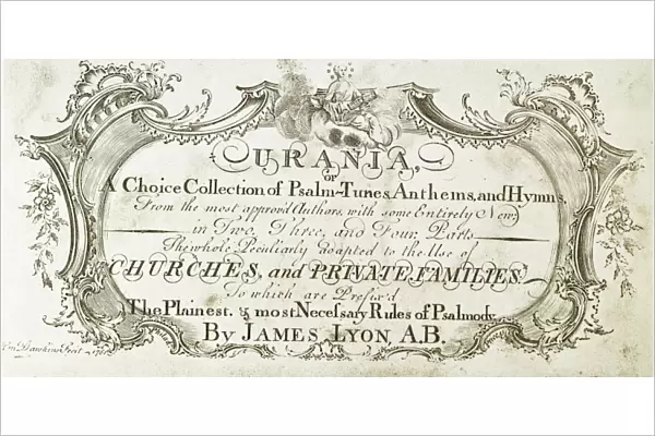 URANIA PSALMS TITLE PAGE. Engraved title page by Henry Dawkins for the first edition of James Lyons Urania, Philadelphia, 1761