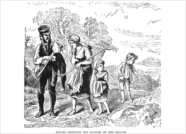 GRIMM: HANSEL AND GRETEL. Hansel dropping pebbles on the ground. Wood engraving, 19th century, for the fairy tale by the Brothers Grimm