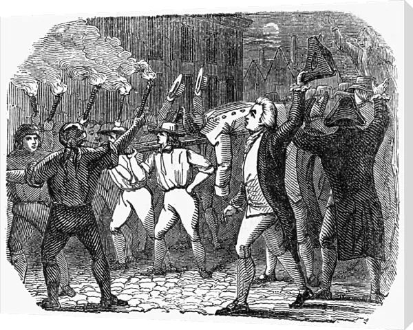 BOSTON: STAMP ACT, 1765. Sons of Liberty marching with an effigy of a stamp master to protest the Stamp Act in Boston, Massachusetts, in 1765. Wood engraving, 19th century