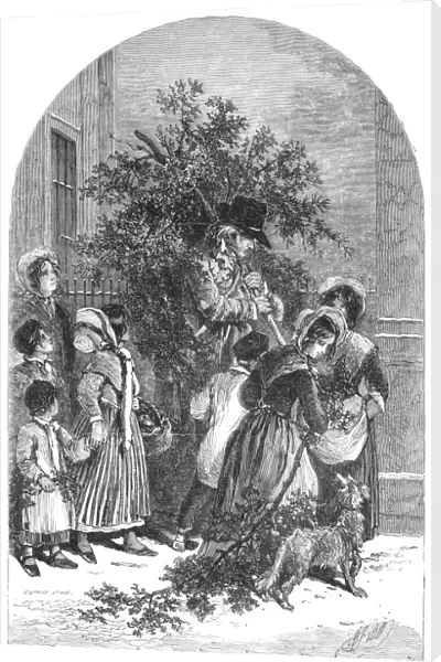 CHRISTMAS MISTLETOE, 1854. The mistletoe seller. Wood engraving, English, 1854, after a drawing by Myles Birket Foster