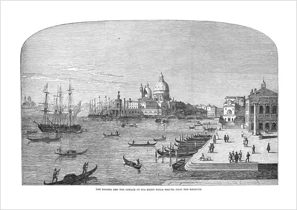 ITALY: VENICE, 1849. The Dogana and the Church of Santa Maria della Salute, from the harbour. Wood engraving, English, 1849, after a drawing by Viscount Maidstone