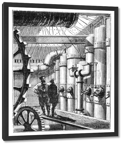 VERNE: 20, 000 LEAGUES. Twenty Thousand Leagues under the Sea. Captain Nemo showing Professor Aronnax the engine-room of the Nautilus. Wood engraving after a drawing by Alphonse de Neuville from an 1870 edition