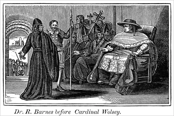 ROBERT BARNES (1495-1540). English religious martyr. Barnes questioned on religious doctrines by Cardinal Thomas Wolsey, 1526. Wood engraving from an 1832 American edition of John Foxes Book of Martyrs