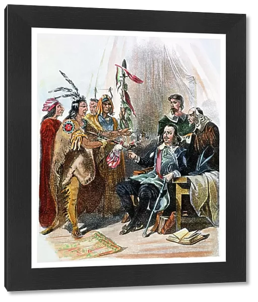 MASSASOIT & CARVER, 1620. Wampanoag Native American chief Massasoit meeting with John Carver, the first governor of Plymouth colony, in 1620. Steel engraving, American, 19th century