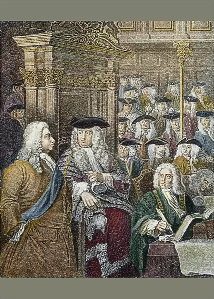 SIR ROBERT WALPOLE (1676-1745). 1st Earl of Orford, left, at the entry to the House of Commons with the Speaker, Arthur Onslow: engraving after William Hogarth and Sir James Thornhill