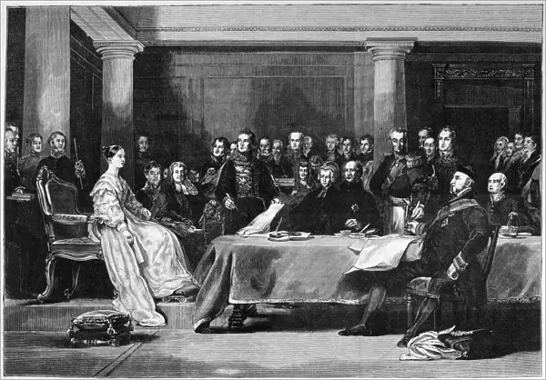 VICTORIAs FIRST COUNCIL. Queen Victorias First Council held at Kensington Palace, 20 June 1837. Wood engraving, English, 1886, after the painting by Sir David Wilkie