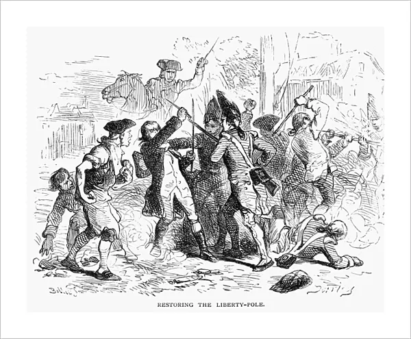 STAMP ACT FIGHT, 1766. A fracas between New Yorkers and British soldiers in 1766. The Americans had restored a Liberty Pole cut down by the redcoats. Wood engraving after Felix O. C. Darley (1821-188)