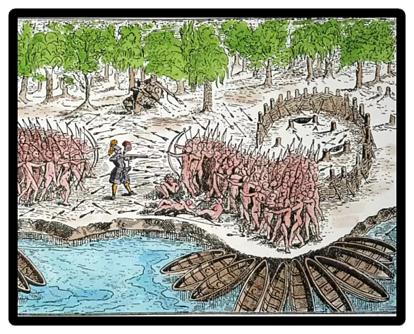 SAMUEL DE CHAMPLAIN. Champlain (center), with two French harquebusiers (top) and friendly Algonquins (left) defeat an Iroquois war party at the present site of Ticonderoga on Lake Champlain, 29 July 1609. Color engraving from Champlains Voyages (1613)