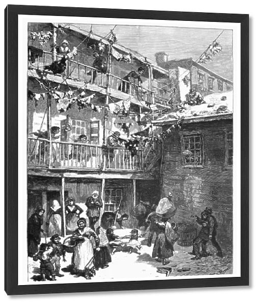 TENEMENT LIFE, 1879. Rag-Pickers Court off Mulberry Street in New York City. American wood engraving after W. A. Rogers, 1879