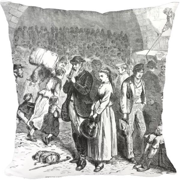 IMMIGRANTS ARRIVING, 1871. Newly arrived immigrants departing for the west at the railroad depot at Beach and Varick Streets, New York City, in 1871. Wood engraving from a contemporary American newspaper