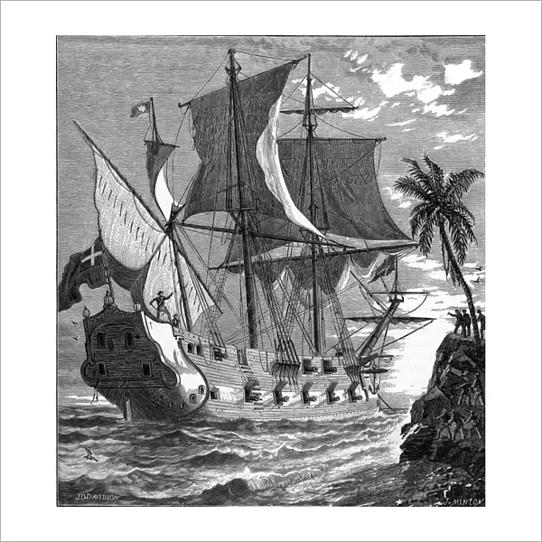 WILLIAM PHIPS (1651-1695). American colonial governor of Massachusetts. Phips searching for sunken treasures off Hispaniola in 1686. Wood engraving, 19th century