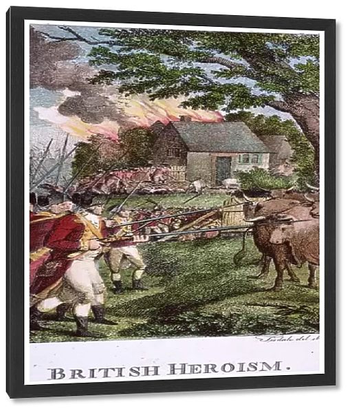 AMERICAN REVOLUTION, 1770s. British heroism during the American Revolution. Satirical copper engraving from John Trumbulls M Fingal, 1795
