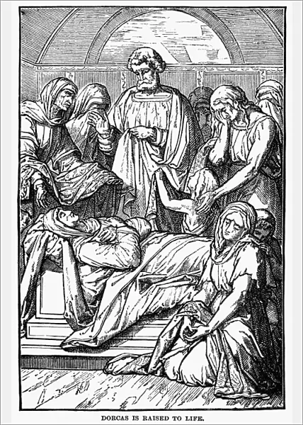 DORCAS RAISED TO LIFE. Dorcas (Tabitha) is raised to life by Saint Peter (Acts 9: 40). Wood engraving, American, 1873